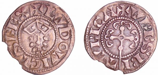 Louis VII (1137-1180) - Denier de Bourges A/ + LVDOVICVS REX. Tête barbue du roi de face.  R/ + VRBS BITVRICA. Croix latine fleuronnée coupant la légende.  (REF: Dy.134-C.119-L.145)