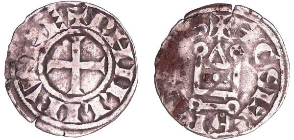 Philippe II  Auguste (1180-1223) - Denier de Saint-Martin de Tours A/ + PHILLIPVS REX. Croix.  R/ + SCS MARTINVS. Châtel tournois. Variété avec PHILLIPVS. (REF: Dy.176-C.165-L.193)