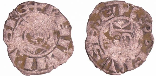 Philippe II  Auguste (1180-1223) - Denier de Laon A/ PHILIPVS RE. Buste couronné du roi de face.  R/ ROGERVS EPS. Buste mitré de l'évêque de face. (REF: Dy.184-C.150-L.173)