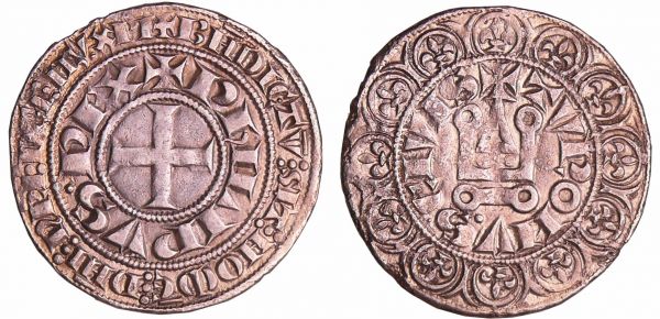 Philippe III (1270-1285) - Gros tournois A/ BNDICTV: SIT: NOmE: DNI: nRI: DEI: IhV. XPI. intérieur : PhILIPVS•REX. Croix.  R/ + TVRONV• S• CIVIS. Châtel tournois.  (REF: Dy.202-C.188-L.204)