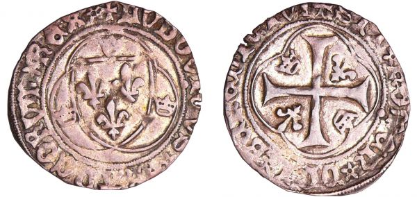 Louis XI (1461-1483) - Blanc à la couronne - Tours A/ + LVDOVICVS* FRAnCORV* REX. Ecu de France entre trois couronnelles, dans un double trilobe.  R/ SIT* nOmEH* DnI* BEnEDICTVm Croix cantonnée de deux couronnelles et de deux lis. Point 5ème. (REF: Dy.550c-C.755-L.534)