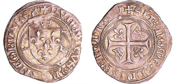 Louis XI (1461-1483) - Blanc à la couronne - Saint-Lô A/ + LVDOVICVS* FRAnCORV* REX. Ecu de France entre trois couronnelles, dans un double trilobe.  R/ SIT* nOmEH* DnI* BEnEDICTVm Croix cantonnée de deux couronnelles et de deux lis. Point 19ème. (REF: Dy.550c-C.755-L.534)