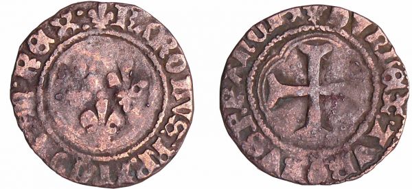 Charles VIII (1483-1498) - Double tournois A/ (Couronne) KAROLVS FRANCORVM (rose). Trois lis posés aux 2ème et 1er dans un trilobe.  R/ SIT NOMEN DNI BENE. Croix dans un quadrilobe.  (REF: Dy.604-C.---L.578)