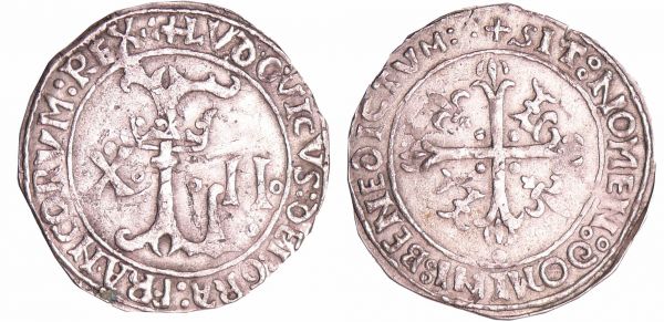 Louis XII (1498-1514) - Dizain - Lyon (3 février 1512) A/ + LVDOVICVS DEI GRACIA FRANCORV REX. Grand L oncial passant dans une couronne, accostée de •X• et de •II•.  R/ + SIT NOMEN DNI BENEDICTV. Croix fleurdelisée cantonnée de deux lis et de deux L.  Monnaie d'une qualité exceptionnelle, frappée sur un flan très large. (REF: Dy.676-C.941-L.614)