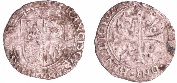 François 1er (1515-1547) - Blanc à la couronne du Dauphiné - 10ème type - Roman A/ (couronnnelle) + FRAnCISCVS: FRAnCORV: REX. Ecu écartelé de France et de Dauphiné. R/ + SIT. NOMEN: DNI: BENEDICTVM. Croix cantonné de deux lis et de deux dauphins. Point 2ème. (REF: Dy.852-C.-L.716)