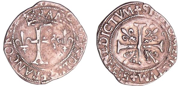 François 1er (1515-1547) - Blanc franciscus - Toulouse A/+ FRANCISCVS GRA DEI FRANCORV :B: Grand F couronné et accosté de deux lis.  R/ + SIT NOMEN DOMINI BENEDICTVM. Croix cantonnée de quatre lis.  (REF: Dy.856-C.1172-L.701)