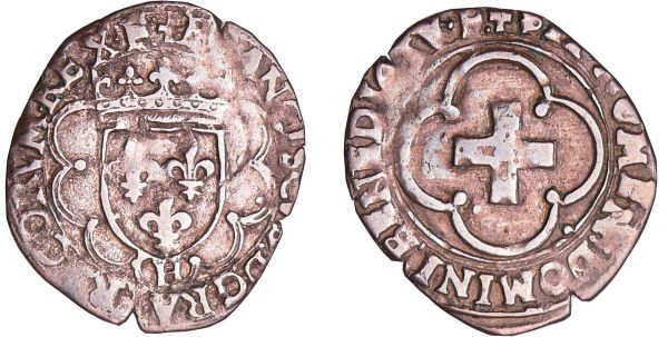 François 1er (1515-1547) - Douzain à la croisette - 1er type - H (La Rochelle) A/+ FRANCISCVS: DEI: GRA: FRANCORVM: REX. Ecu de France dans un double polylobe bouleté. Lettre d'atelier à la pointe de l'écu.  R/ + SIT: NOMEN: DOMINI: BENEDICTVM G T. Croix plaine alésée dans un double quadrilobe bouleté.  (REF: Dy.927-C.1170-L.785-Sb.4368)