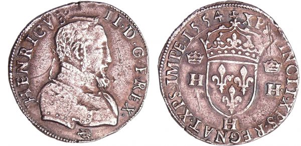 Henri II (1547-1559) - Teston à la tête nue - 1er type - 1554 H (La Rochelle) A/ + HENRICVS. II. D. G. FRANCOR. REX. Buste nu à droite.  R/ + XPS. VINCIT. XPS. REGNAT. XPS. IMP. Ecu de France couronné et accosté de H couronnés. Lettre d'atelier sous l'écu.  (REF: Dy.983-C.1266-L.821-Sb.4558)