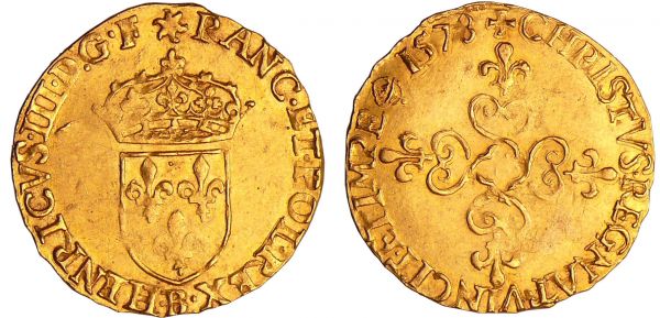 Henri III (1574-1589) - Ecu d'or - 1578 B (Rouen) A/ HENRICVS III D G FRANC ET POL REX Ecu de France couronné.  R/ CHRISTVS REGNAT VINCIT ET IMPERA. Croix anillée fleurdelisée avec quadrilobe en cœur.  Monnaie ayant gardé son brillant de frappe. (REF: Dy.1121-Sb.4932)