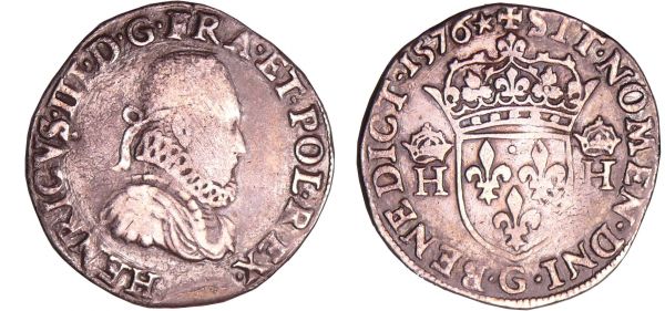 Henri III (1574-1589) - Teston - 3ème type - 1576 A (Paris) A/ HENRICVS III D G FRAN ET POL REX. Buste au col fraisé, lauré et barbu à droite.  R/ + SIT NOMEN DNI BENEDICTVM. Ecu de France couronné et accosté de deux H couronnés.  (REF: Dy.1126-C.-L.966-Sb.4654)