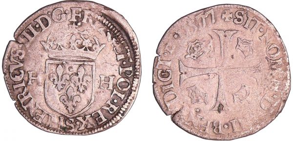 Henri III (1574-1589) - Douzain - 1er type - 1577 S (Troyes) A/ HENRICVS III D G FRAN ET POL REX. Ecu de France couronné et accosté de deux H.  R/ SIT NOMEN DOMINI BENEDICTVM Croix échancrée et cantonnée de quatre couronnelles.  (REF: Dy.1140-C.1450-L.980-Sb.4398)