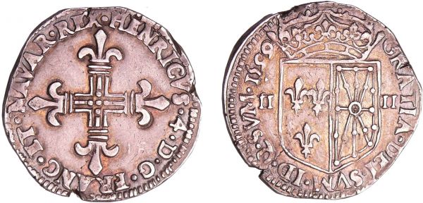 Henri IV (1589-1610) - Quart d'écu de Navarre - 1599 (Saint-Palais ) A/ HENRICVS. 4. D. G. FRANC. ET. NAVAR. RX. Croix fleurdelisée.  R/ GRATIA. DEI. SVM. ID. Q. SVM Ecu couronné de France-Navarre, accosté de II - II. (REF: Dy.1238-C.1519-L.1104-Sb.4710)