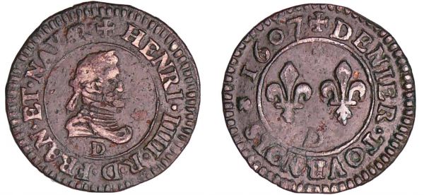 Henri IV (1589-1610) - Denier tournois - 1607 / 06 D (Lyon) A/ HENRI IIII R D FRAN ET NAVAR. Buste lauré et cuirassé.  R/ + DENIER TOVRNOIS Deux lis accostés.  7 sur 6 absente du CGKL. (REF: Dy.1274-C.1585-L.1112.Sb.4186-CGKL.206)