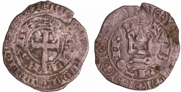 Bretagne - Jean IV - Imitation du gros à la queue de Jean II Jean IV de Montfort (1345-1399). A/ + IOHANNES DVX Croix coupant la légende. R/ + TV BRITON VS Châtel. Cette monnaie semble bien être frappée pour la Bretagne, avec une erreur du graveur où il remplace partiellement le TVRONVS CIVIS par BRITON. (REF: Bd.manque-Jez.manque)