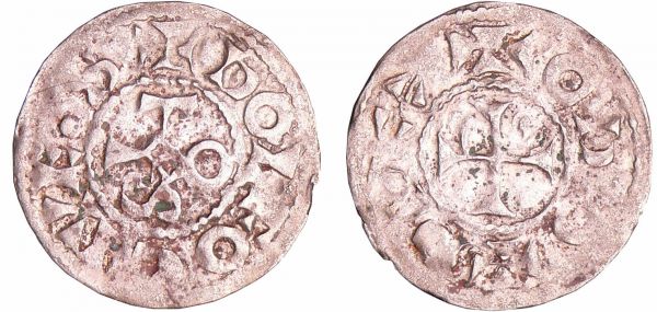 Châteauroux - Comté de Déols - Eude l'Ancien - Denier Eude l'Ancien (1012-1037). A/ + ODO DVX. Croix cantonnée de deux globules supendues. R/ DOLEO CIVIE : S. Monogramme. (REF: Bd.268 (6f)-SCMF.407 (100€))