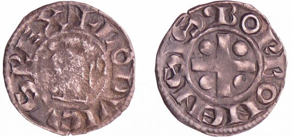 Bourbonnais - Seigneurie de Bourbon - Agnes et Jean de Burg. - Denier Agnes et Jean de Burg (1262-1283). A/ + LODOVICVS REX. Tête de profile à gauche. R/ BORBONENSIS. Croix cantonnée de quatre globules. (REF: Bd.366 (15f))