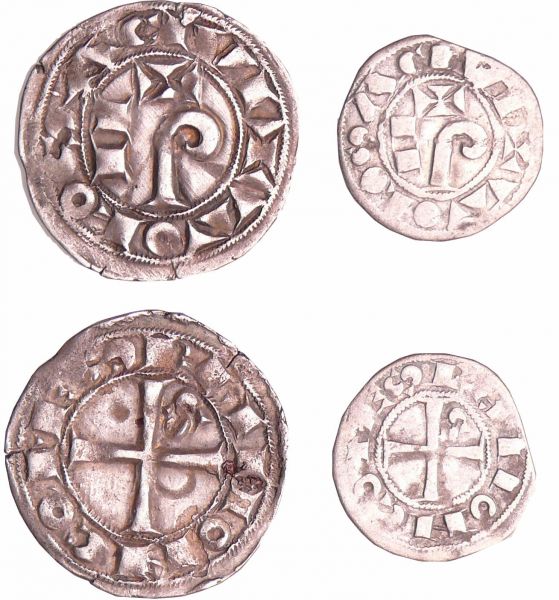 Languedoc - Toulouse - Alphonse de France - Denier et obole Alphonse de France (1249-1271). A/ TOLOSA CIVI. Dans le champ PAX, le P en forme de crosse.  R/ ANFOS COMES. Croix cantonnée d'une fleur de lis. (REF: Bd.724 (5f) / Bd.725 (8f))