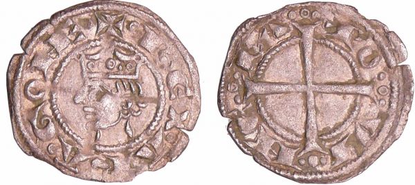 Provence - Alphonse II d'Aragon - Denier Alphonse II d'Aragon (1196-1209). A/ + REX° ARA°GONE, (N et E liés). Tête couronnée de profil, à gauche.  R/ PO-VI-NC-IA. Croix coupant la légende, les bras sont terminés par trois besants. (REF: Bd.807 (1f))