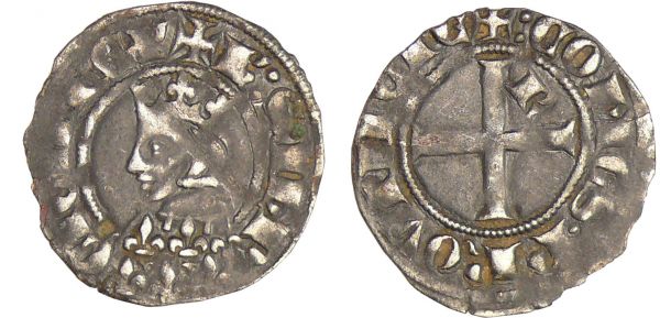 Provence - Charles II d'Anjou - Double denier (Saint-Rémy) Charles II d'Anjou (1285-1309). A/ K S IHR CICIL REX. Buste couronné à gauche. R/ + COMES PROVINCIE. Croix cantonnée d'un K. (REF: Bd.828 (4f)-Rolland.43)