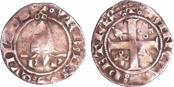 Comtat Venaissin - Urbain V - 1/4 de gros d'argent Urbain V (1362-1370). A/ (clefs en sautoir) VRBANVS QVNTVS V accosté de deux P sous une tiare.  R/ + SANCTVS PETRVS. Croix cantonnée de deux tiares et de deux clefs en sautoir. (REF: Bd.911 (5f)-De Mey.33)