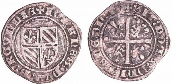 Bourgogne - Jean Sans Peur - Grand blanc (Saint-Laurent) Jean Sans Peur (1404-1419). A/ IOHANES DVX BVRGVNDIE. Ecu écartelé de Bourgogne.  R/ SIT NOME DNI BENEDICTV. Croix cantonnée de deux lis et de deux lions. (REF: Bd.1224 (2f)-SCMF.7821 (100€)-Dumas.14.5.4)