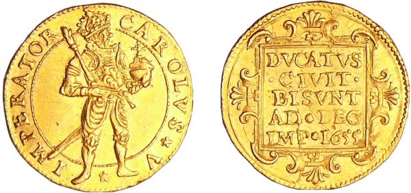 Franche-Comté - Charles Quint - Demi-ducat d'or 1655 (Besançon) Charles Quint (1530-1556). A/ IMPERATOR CAROLVS V Le roi debout à droite. R/ DVCATVS CIVIT BISVNT AD LEGEM IMP 1655 en cinq lignes dans un cartouche. (REF: Bd.1284 (15f)-CCK.M.5)