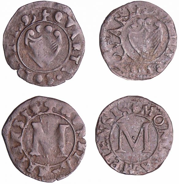 Les trois évêchés - Metz - Liard de billon 1593 et 1658 A/ + MONETA METENSIS Lettre M. R/ + QVARTA SOLIDI Ecu de Metz. (REF: Bd.1676 (1f) / Bd.1677 (1f))