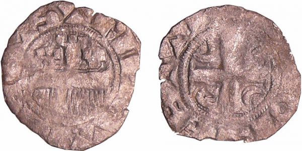 Champagne - Provins - Thibaut IV - Obole Thibaut IV (1201-1253). A/ + TEBAV COMES. Croix cantonnée de l'alpha au 3, de l'oméga au 2 et d'un besant aux 1 et 4.  R/ CASTRI PRVVINS. Peigne champenois. Au-dessus, deux tours crénelées. (REF: Bd.1766 (5f))