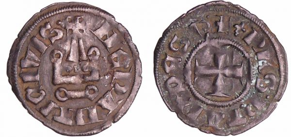 Epirus - Philippe de Talente - Denier tournois Philippe de Talente (1306-1313). A/ + (lis) Ph'S P TAR DESP. Croix pattée.  R/ (carré) NEPANTI CIVIS. Châtel tournois. (REF: CCS.111b)