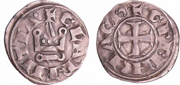 Achaïe - Guillaume II de Villehardouin - Denier tournois (Glarentza) Guillaume II de Villehardouin (1245-1278). A/ .+. G PRINCEPS. Croix.  R/ : CLARENTIA Châtel tournois. (REF: CCS.9a-Metcalf.939- Malloy.10a )