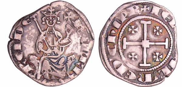 Chypre - Henri II - 1/2 gros de Jérusalem (Nicosie) Henri II second règne (1310-1324). A/ HENRI REI DE. Le roi assis de face sur un trône à tête de lion. R/ + IERVSALEM E DE CHIPR. Croix de Jérusalem. (REF: CCS.51)