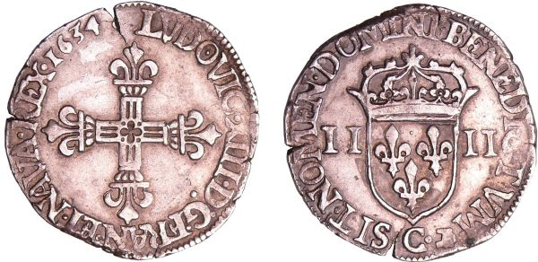 Louis XIII (1610-1643) - ¼ d'écu à la croix fleurdelisée, avers côté croix - 1634 C (Saint-Lô) A/ Croix fleurdelisée, avec fleuron quadrilobé en coeur. R/ Ecu de France couronné, accosté de II et II. Différent d’atelier à l’exergue. Seul exemplaire connu, frappé sur un flan très large. (REF: L4L.16-Ga.27)