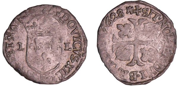 Louis XIII (1610-1643) - Douzain - 1628 MA (Montauban) A/ Ecu de France couronné, accosté de deux L. Lettre d’atelier à la base de l’écu ou à l’exergue.  R/  Croix échancrée, cantonnée de deux lis et de deux couronnelles.  (REF: L4L.29-Ga.19)