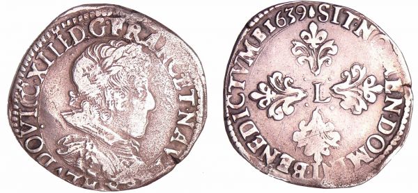 Louis XIII (1610-1643) - ½ franc au buste juvénile, tête laurée, col plat - 1639 M (Toulouse) (REF: L4L.37-Ga.40)