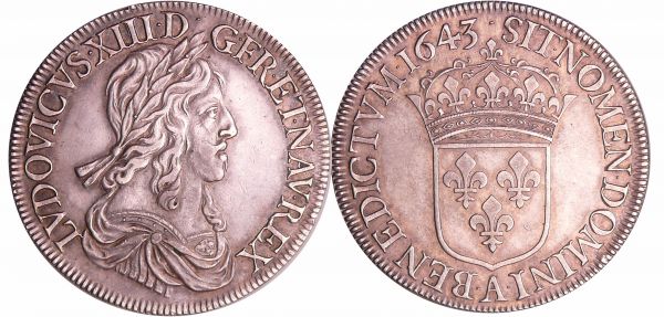 Louis XIII (1610-1643) - Ecu du 2ème poinçon de Warin - 1643 A (Paris) . et baies (REF: L4L.82-Ga.52)