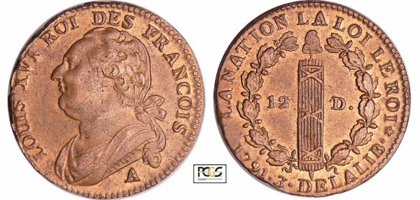 Constitution (1791-1792) - 12 deniers type FRANCOIS 1791 A (Paris) Monnaie avec son brillant de frappe. PCGS #37563163. (REF: Ga.15)