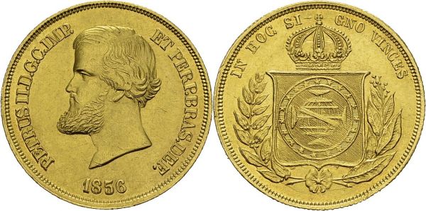Pedro II, 1831-1889. 10'000 Reis 1856, Rio de Janeiro. KM 467; Fr. 122. AU. 8.95 g. UNC