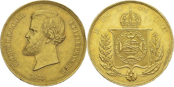 Pedro II, 1831-1889. 20'000 Reis 1853, Rio de Janeiro. KM 468; Fr. 121a. AU. 17.86 g. AU edge bump  