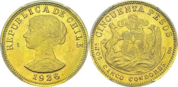 Republic, 1818-. 50 Pesos (Cinco Condores) 1926 So, Santiago. KM 169; Fr. 55. AU. 10.17 g. PCGS MS 63  