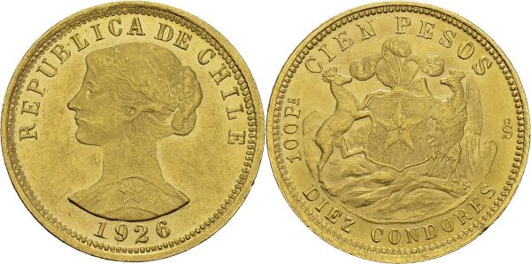 Republic, 1818-. 100 Pesos (Diez Condores) 1926 So, Santiago. Fr. 54; KM 170. AU. 20.34 g. UNC  One-year type. Proof like obverse.