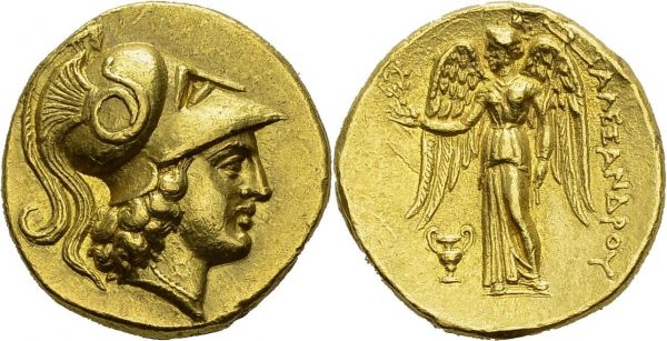 Alexander III, 336-323. Gold Stater 333-327, Tarsus. Obv. Helmeted head of Athena right. Rev. ΑΛΕΞΑΝΔΡΟΥ. Nike standing left holding a laurel wreath. Price 3005. AU. 8.44 g. AU  