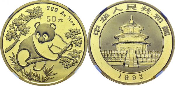 People's Republic, 1949-. 50 Yuan 1992, small date. ½ oz Panda. KM 476; Fr. B5. AU. 15.55 g. NGC MS 68