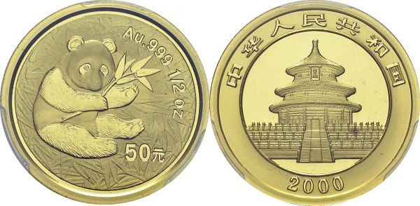 People's Republic, 1949-. 50 Yuan 2000, frosted. ½ oz Panda. KM 1306; Fr. B5. AU. 15.55 g. PCGS MS 68