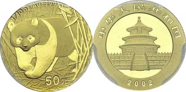 People's Republic, 1949-. 50 Yuan 2002, low letters. 1/10 oz Panda. KM 1457; Fr. B17. AU. 3.11 g. PCGS MS 69
