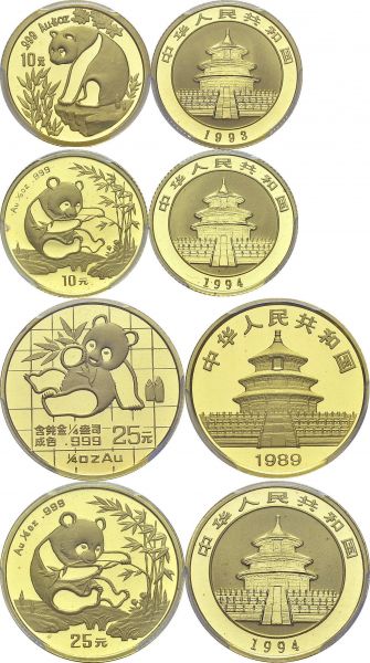 People's Republic, 1949-. Lot of 4 coins : 10 Yuan 1993, large date; 10 Yuan 1994, large date ; 25 Yuan 1989, large date ; 25 Yuan 1994, large date. Total (4). KM 474, 612, 224, 613; Fr. B7 (2), B6 (2). AU. 21.77 g. (total). PCGS MS 69 (4)