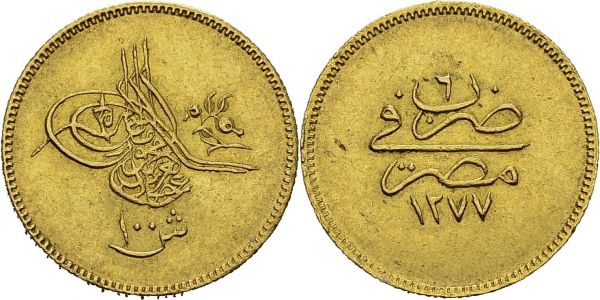 Abdul Aziz, 1861-1876. 100 Qirsh AH 1277 Year 6 (1866). KM 263; Fr. 81. AU. 8.59 g. AU