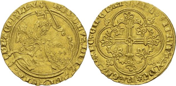 Charles V, 1364-1380. Franc à cheval du Dauphiné. Av. KAROLVS DEI - GRACIA - FRACOR REX. Le roi à cheval à gauche. Rv. XPC VINCIT XPC REGNAT XPC EI-PERAT. Dy. 359. AU. 3.78 g. TB+ 