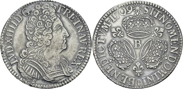 Louis XIV, 1643-1715. Ecu aux trois couronnes 1709 B, Rouen. Gad. 229; Dr. 378. AR. 30.42 g. TB-TTB