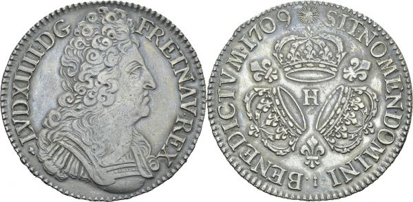 Louis XIV, 1643-1715. Ecu aux trois couronnes 1709 H, La Rochelle. Gad. 229; Dr. 378. AR. 30.33 g. TTB regravé