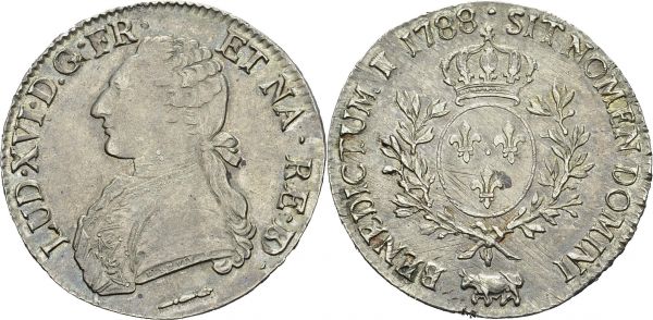 Louis XVI, 1774-1791. Ecu aux branches d'olivier du Béarn 1788, Pau. Gad. 356a; Dr. 606A. AR. 29.24 g. TTB